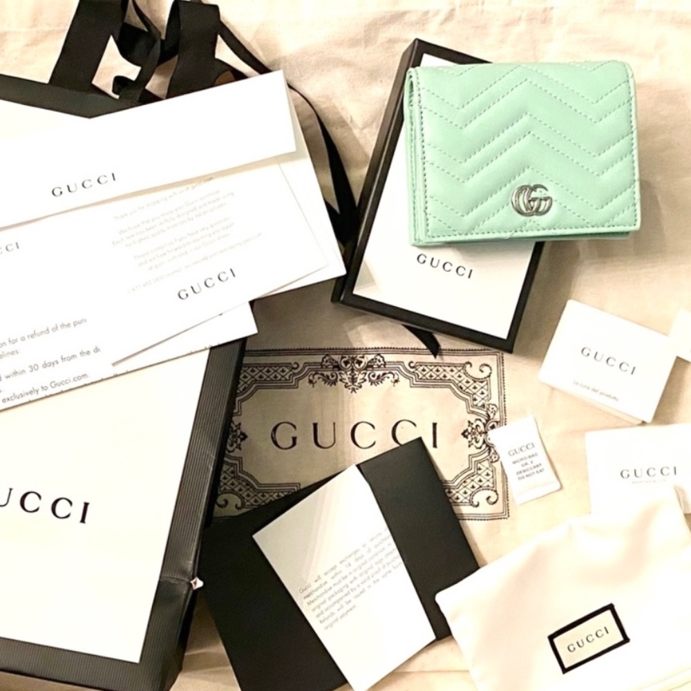 Gucci RETIRED STYLE Marmont Matelasse Card Case Wallet On Chain Pastel Green